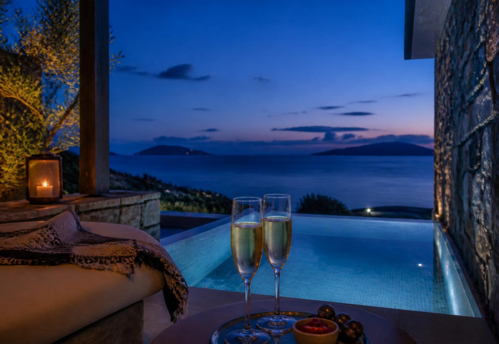 A private villa terrace at blue hour